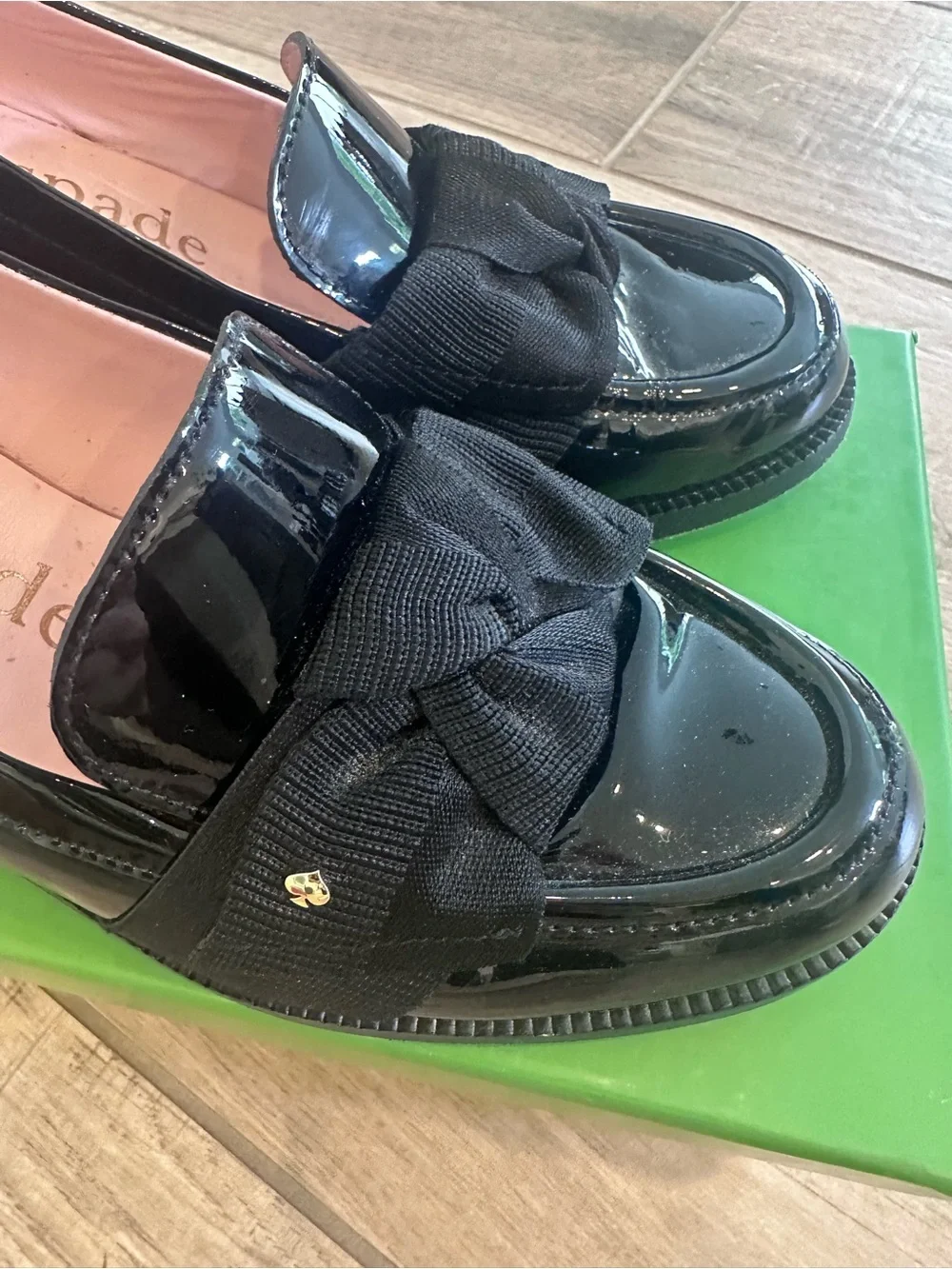 Kate Padr Black Patent Leandra heel Loafers with Fabric Bow